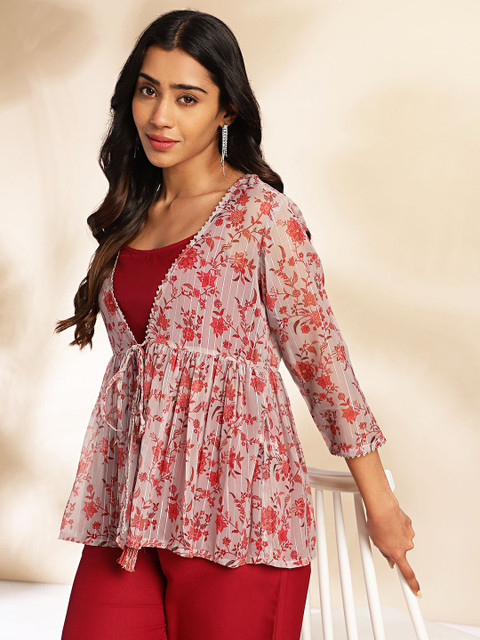 Janasya Women Wine Moss Solid Crop Top with Pant and Jacket - Image 3
