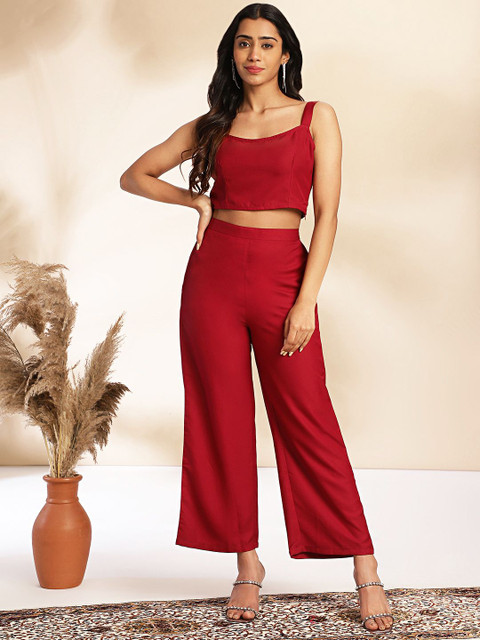 Janasya Women Wine Moss Solid Crop Top with Pant and Jacket - Image 7