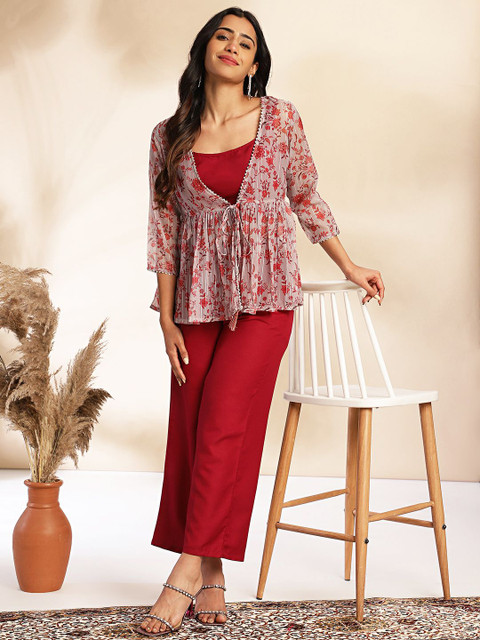 Janasya Women Wine Moss Solid Crop Top with Pant and Jacket - Image 6