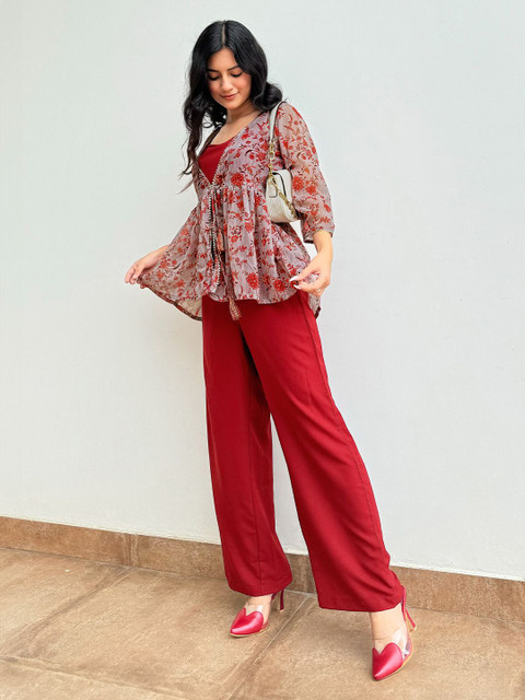 Janasya Women Wine Moss Solid Crop Top with Pant and Jacket