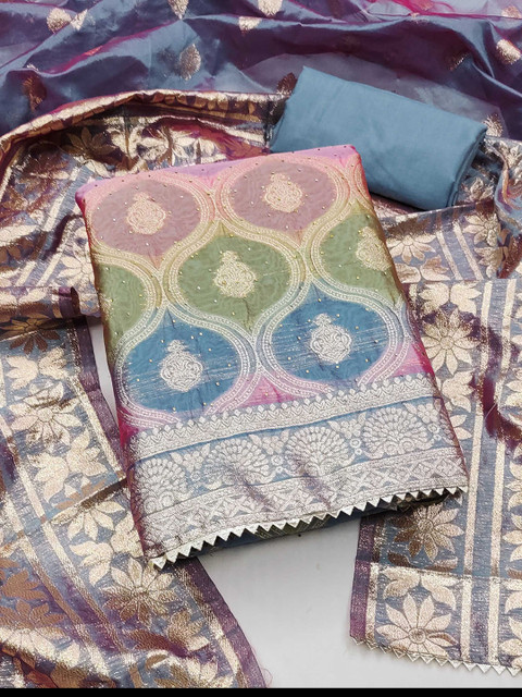 KALINI Ethnic Motifs Woven Design Zari Organza Unstitched Dress Material