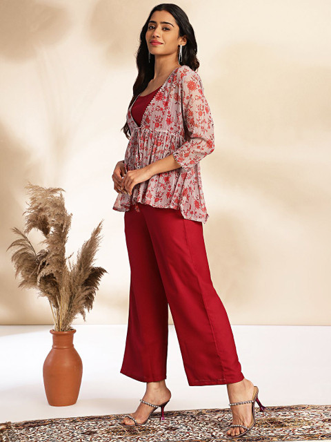 Janasya Women Wine Moss Solid Crop Top with Pant and Jacket - Image 4