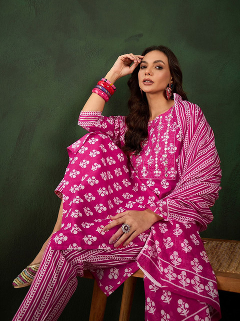 Sangria Floral Printed Pure Cotton Kurta With Trousers & Dupatta