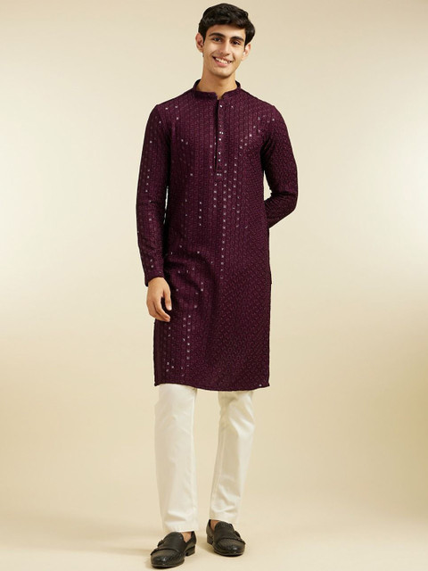 Diwas by Manyavar Geometric Chikankari Embroidered & Sequinned Mandarin Collar Kurta