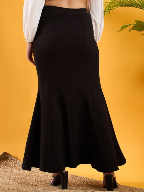 Berrylush Women Black Solid High Rise A-Line Maxi Skirts - Image 3