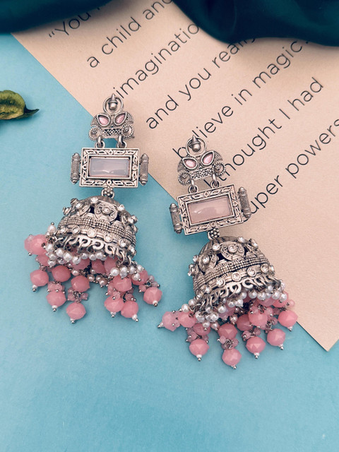 Sangria Silver Plated Stone Studded & Beaded Drop Earrings