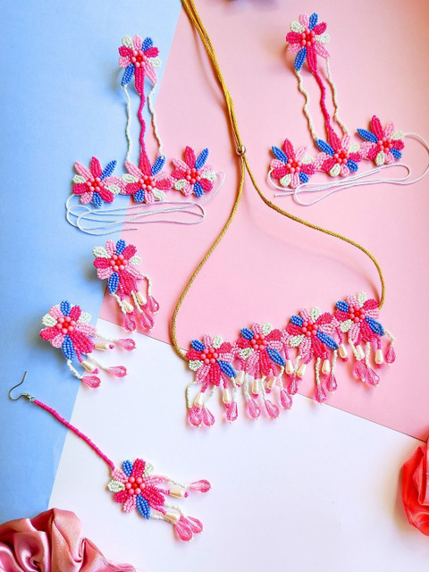 Sangria Pink Gold-Plated Stone Studded & Floral Beaded Boho Jewellery Set