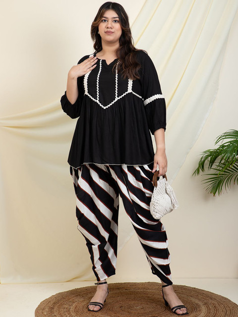 DEEBACO Plus Size Notch Neck Top With Striped Harem