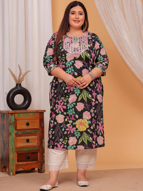 LABULY Plus Size Floral Embroidered Kantha Work Pure Cotton Straight Kurta