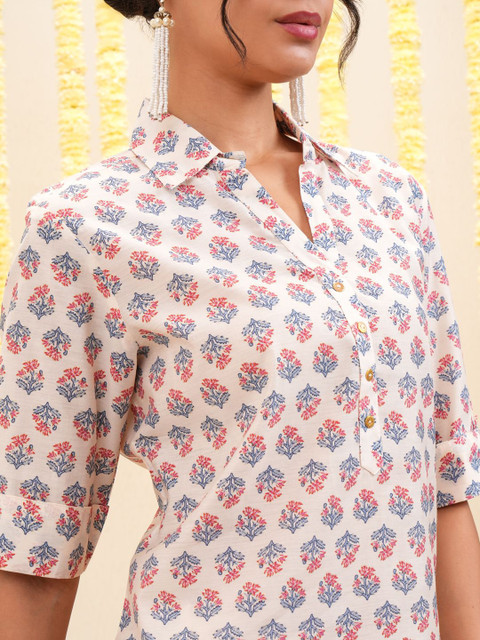 Vishudh White & Blue Floral Printed Shirt Collar Tunic & Trousers - Image 2