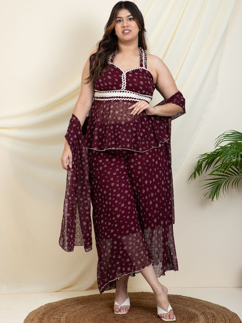 DEEBACO Plus Size Floral Printed Peplum Top With Palazzo & Duppatta