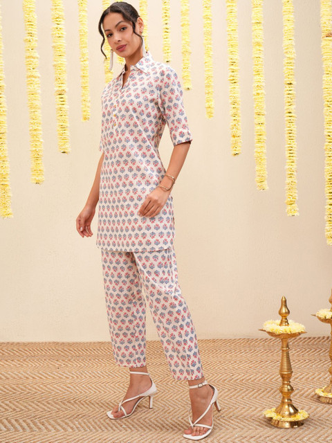 Vishudh White & Blue Floral Printed Shirt Collar Tunic & Trousers - Image 3