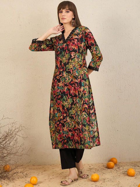 Indo Era Floral Printed V-Neck Straight Kurta with Trousers