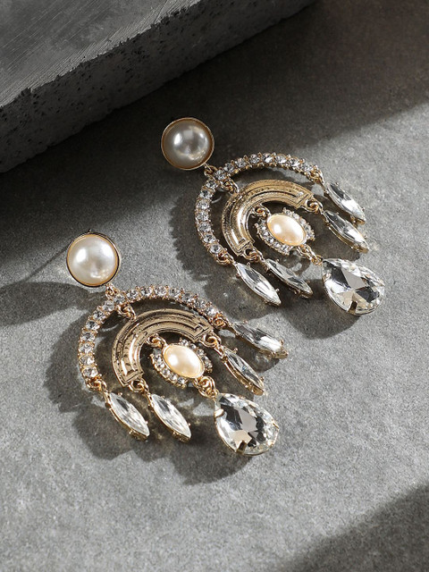 SOHI The Lustre Gold-Plated Contemporary Stones Studded Drop Earrings