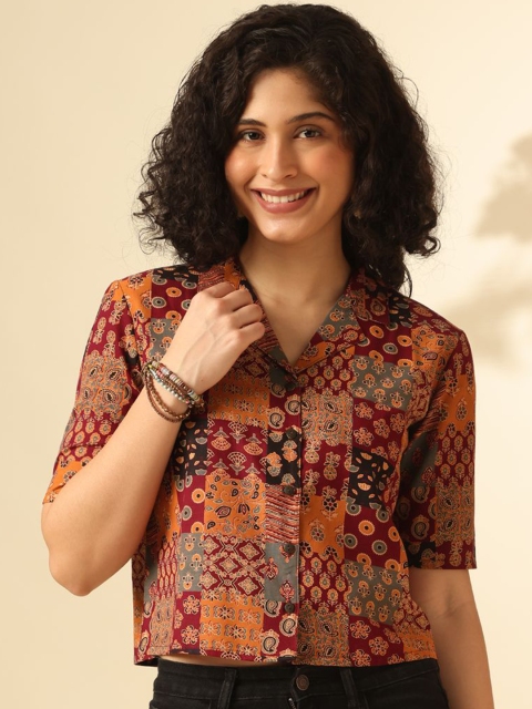 Anouk Women Ethnic Motifs Printed Shirt Collar Cotton Top
