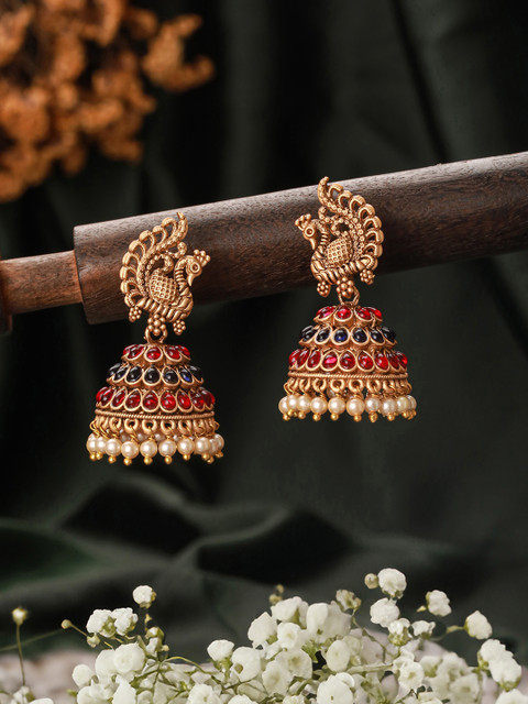 Jazz and Sizzle Gold-Plated Dome Shaped Stones Studded & Beaded Jhumkas