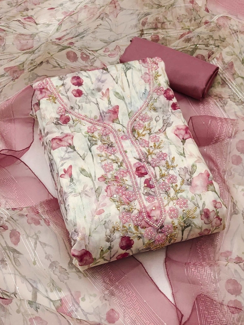 Peachmode Floral Embroidered Beads and Stones Unstitched Dress Material