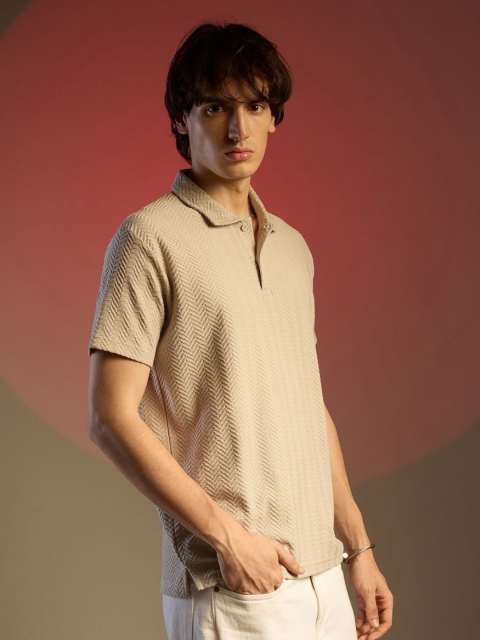 Campus Sutra Men Self Design Polo Collar Cotton T-shirt - Image 3