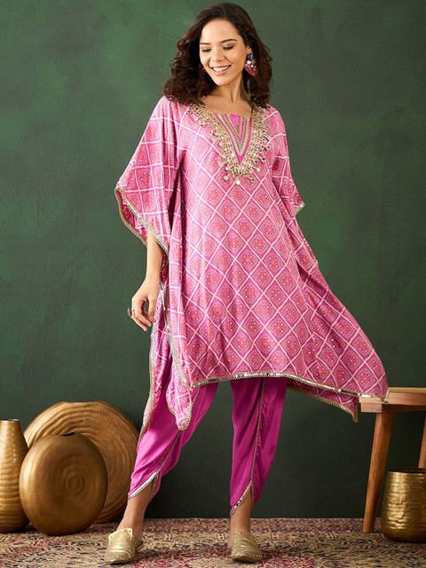 Sangria Pink Bandhani Printed Gotta Patti Asymmetric Fusion Kaftan With Dhoti Pant