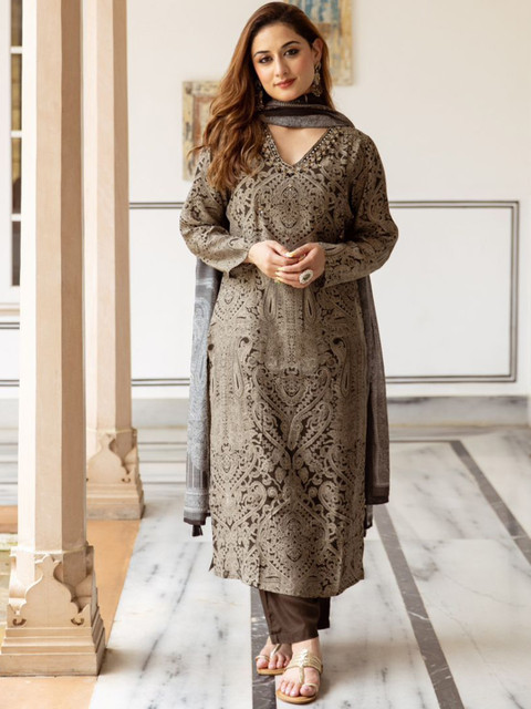 Anouk Ethnic Motifs Printed Regular Mirror Work Straight Kurta with Palazzos & Dupatta