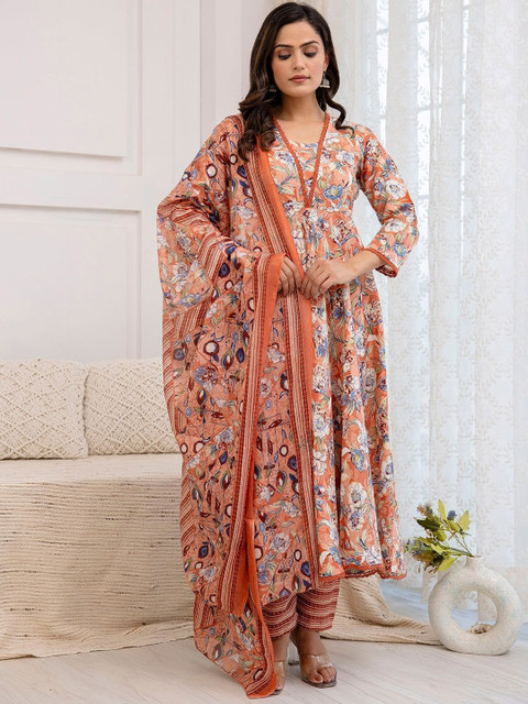PARTHVI Floral Printed Pure Cotton Anarkali Kurta With Trousers & Dupatta