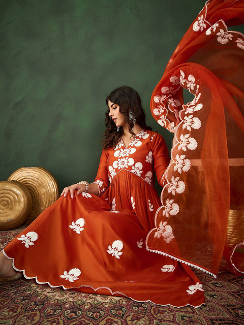 Sangria Orange-Coloured Floral Embroidered Empire A-Line Kurta With Trousers & Dupatta