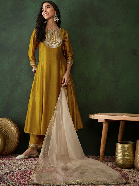 Sangria Mustard Yellow Floral Embroidered Zari A-line Kurta With Trousers & Dupatta