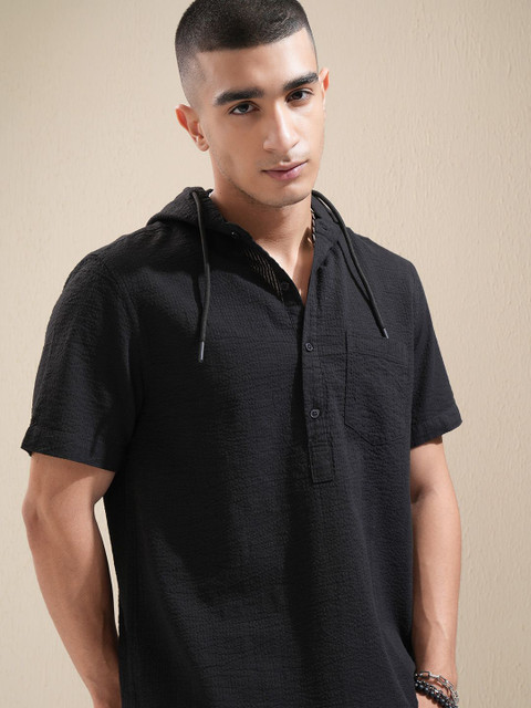 Highlander Men Textured Striped Relaxed Fit Hooded Shirt