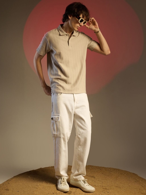 Campus Sutra Men Self Design Polo Collar Cotton T-shirt