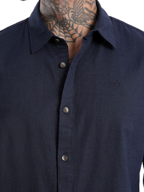 WROGN Men Spread Collar Solid Cotton Linen Casual Shirt - Image 3
