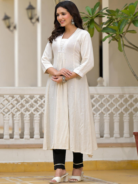 Juniper V-Neck Regular A-Line Mirror Work Straight Kurta - Image 4