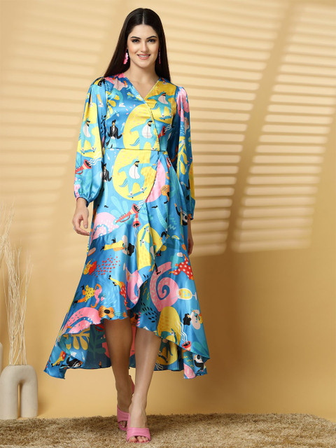 plusS Women V-Neck Humour and Comic Puff Sleeve Maxi Dress