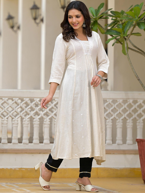 Juniper V-Neck Regular A-Line Mirror Work Straight Kurta - Image 3