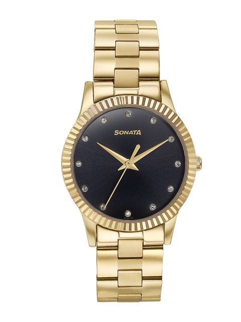 Sonata Glam Gold Quartz Analog With Black Dial Watch For Women - 87062ym01w