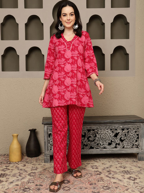 Sangria Women Ethnic Printed Cotton Tunic with Trousers