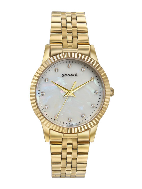Sonata Glam Gold Quartz Analog White Mother Of Pearl Dial Watch For Women - 87062ym02w