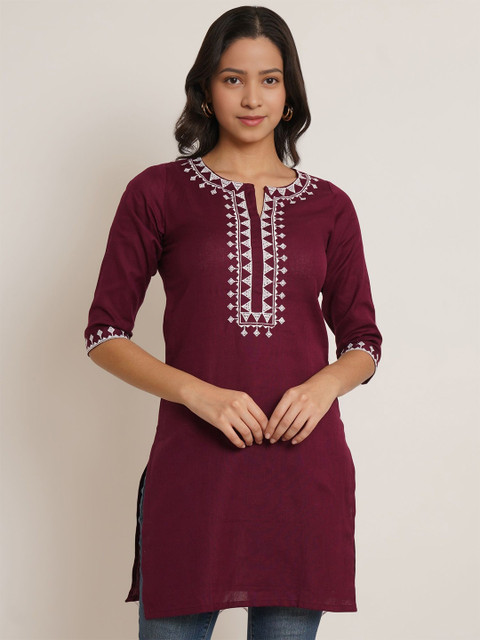 Brownverse Women Ethnic Motifs Embroidered Boat Neck Pure Cotton Khadi Kurti