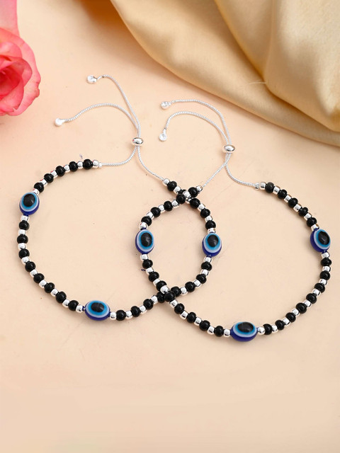 VOJ Silver-Plated Stainless Steel Evil Eye Beaded Adjustable Anklet
