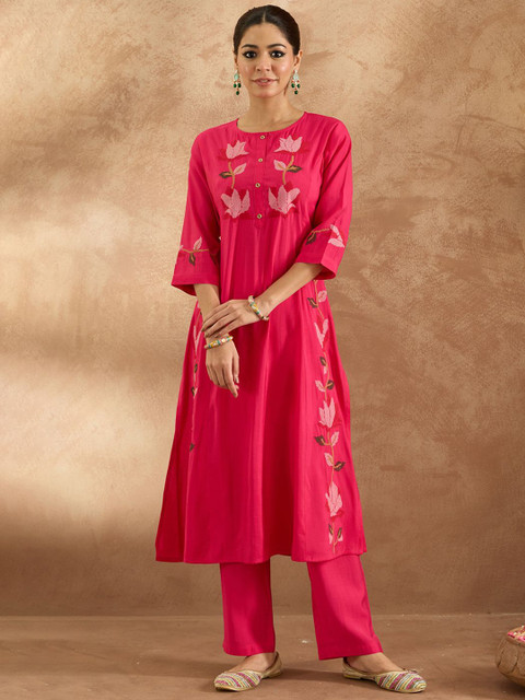 Indo Era Women Ethnic Motifs Embroidered Thread Work Pure Cotton Kurta with Trousers