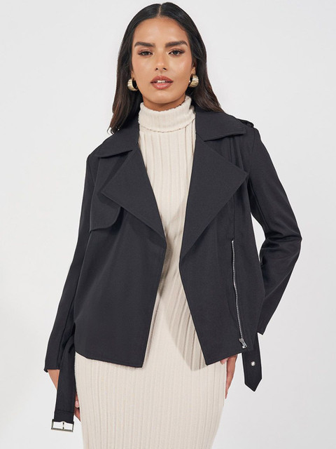 Styli Women Lapel Collar Biker Jacket With Belt
