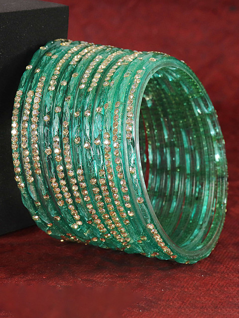 LAVAZZA Set Of 12 Zircon Diamond & Beads Work Glass Bangles