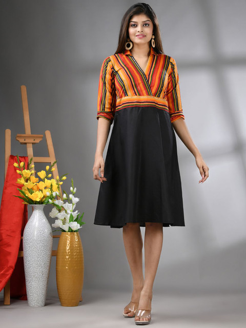 Charukriti Women Striped Fit & Flare Midi Ethnic Dresses