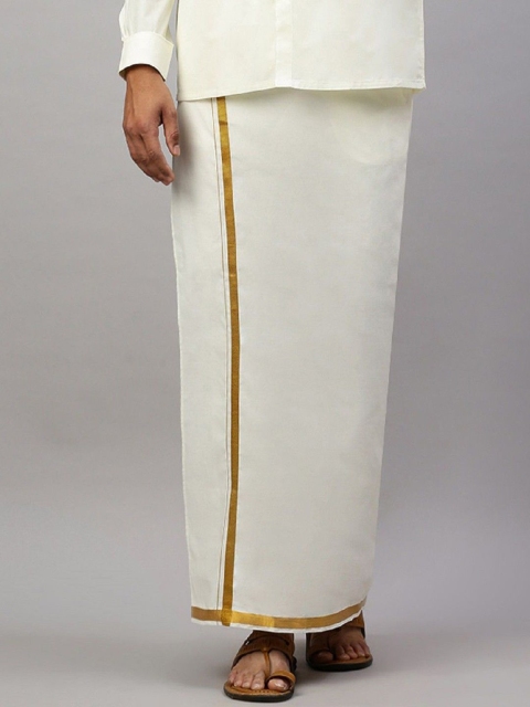 Ramraj Men Cotton White Solid Gold Jari Border Double Layer Adjustable Dhoti with Pocket