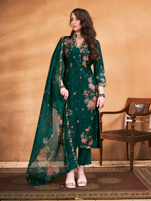 Anouk Dark Green Floral Printed Thread Work Straight Kurta with Trouser & Dupatta