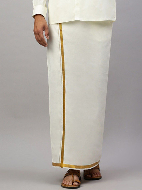 Ramraj Men Cream Solid Gold Zari Border Adjustable Dhoti with Pocket