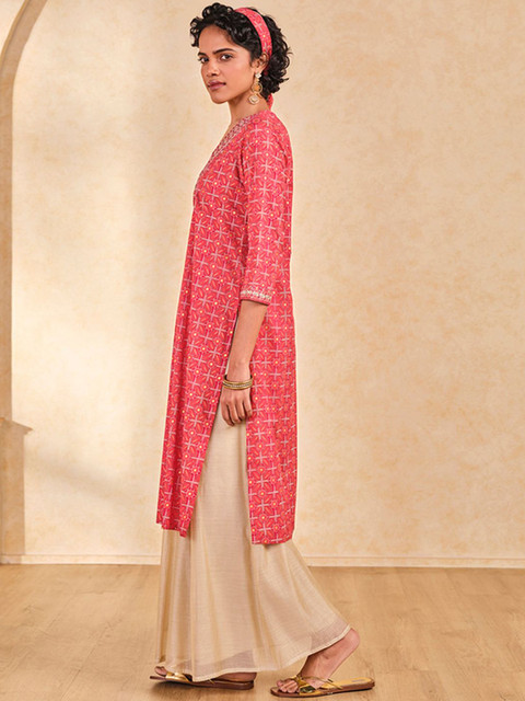 Global Desi Floral Printed Mirror Work Straight Kurta - Image 3