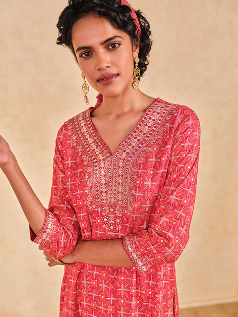 Global Desi Floral Printed Mirror Work Straight Kurta - Image 2
