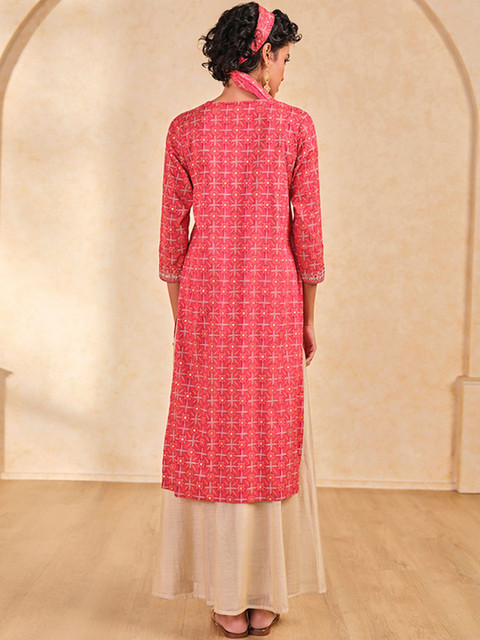 Global Desi Floral Printed Mirror Work Straight Kurta - Image 4