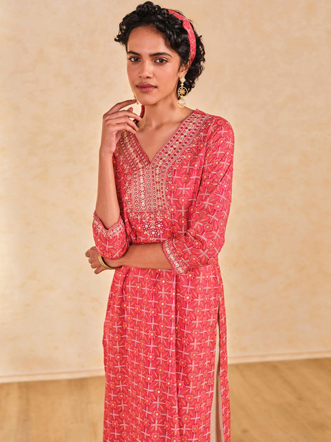 Global Desi Floral Printed Mirror Work Straight Kurta - Image 6