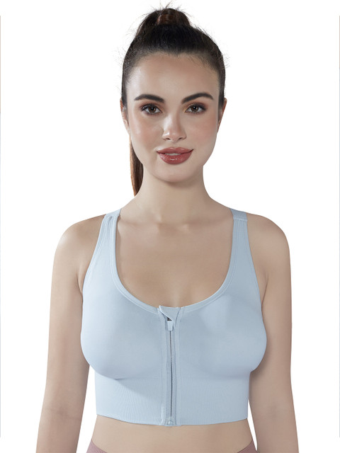 PLUMBURY Full Coverage Lightly Padded Front Zip Rapid-Dry Workout Sports Bra